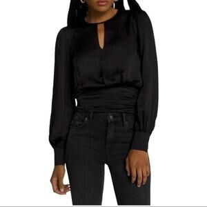 Good American Black Satin Keyhole Blouse Top Small NWOT